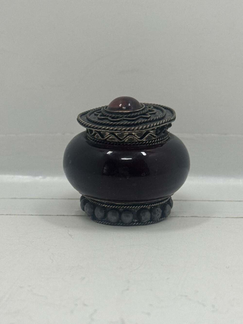 Vintage Glass & Metal Trinket Box Ornate Hinged Pill Snuff Jar